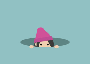 Curious girl hiding in the hole and prying